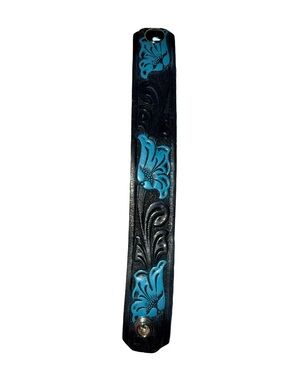 Handcrafted UNISEX Black Leather Cuff Bracelet with Turquoise Floral Accents